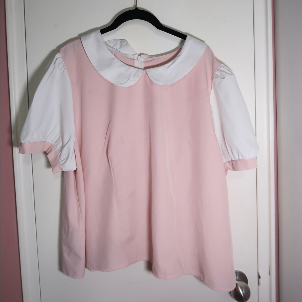 ROMWE SHEIN Kawaii Plus Peter Pan Collar Puff Sleeve Pink Blouse